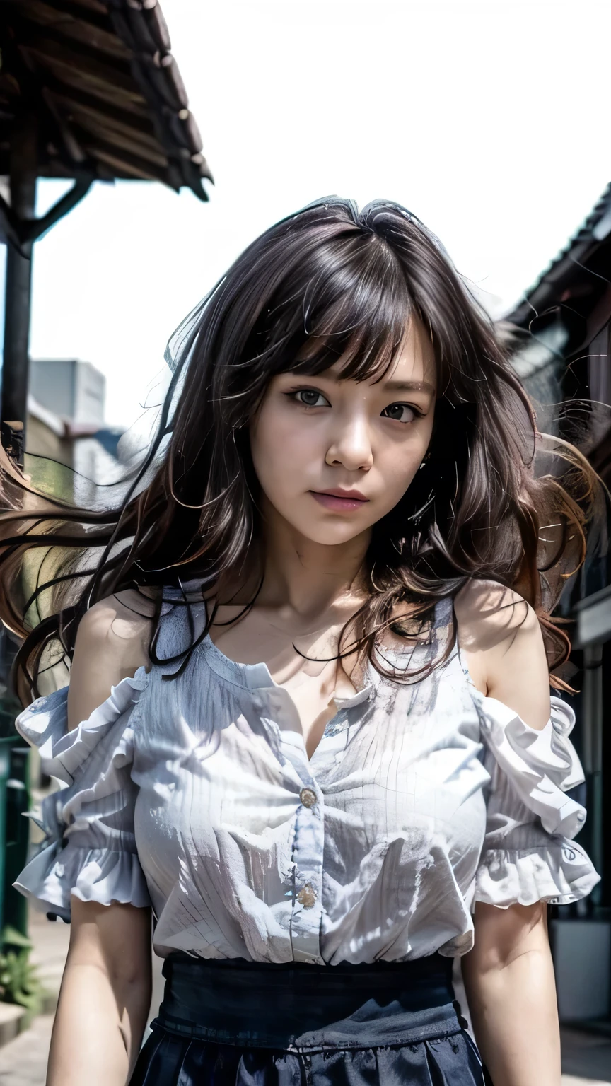 Tokyo Street、Woman walking on the street、Boyish Woman、the wind is strong、(Realistic、Like a photograph、Live Action、8k, Realistic, RAW Photos, Best image quality: 1.4), Single-lens reflex camera、RAW Photos, Highest quality, Realistic, Highly detailed CG Unity 8k wallpaper, Written boundary depth, Cinematic Light, Lens flare, Ray Tracing, Realistic background、(Ruffled blouse:1.4、Black Skirt:1.4、Big Breasts)、(Carrying the guitar、The guitar strap passes between her breasts、paisla)、((Silver Inner Color Hair:1.1))、Cute Japanese Band Girls、((whole body:1.5))、(Long Straight Hair:1.2、My hair flutters in the wind:1.5)、I like that style、stylish、Very detailed、Pay attention to the details、Perfect outfit、(White skin)、Beautiful feet:1.1、View from the front、Accurate Arm、Meet on a street corner、Super detailed face