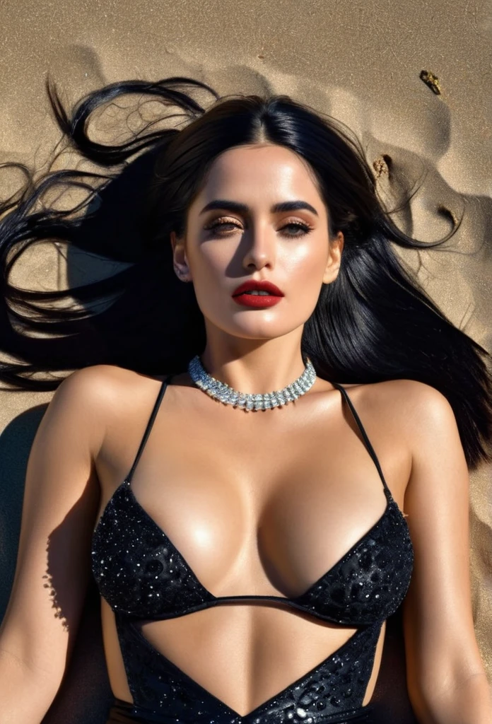 UHD, (1 girl), long dark black bun hair, big slim waist, ava max, bella poarch, olga buzova, violet myers, salma hayek, eva green, angel wicky, 24 year old female model, ayahausca, instagram model, lianna, sexy girl, the extremely hot and sexy, (8k, RAW photo, highest quality),(epic realistic:1.5), dynamic posture,erotic face (detailed eyes:0.8), (highest quality), (best shadow),intricate details,cinematic,((skin:1.4)) (hdr:1.5), detailed, masterpiece, RAW photo full-length portrait, captivating eyes, bright details, (high skin detail), (tint: 0.25), (dirty: 0.66), Key lighting, (backlight: 0.4), medium depth of field, Canon 5D, 50mm lens, f/4 aperture, (ultra-detailed, complex detail), sharp focus, 4k, absurd, 8mm film grain, flirting with camera, wearing a sexy dress, lying down on the beach on a sunny day with a crystal clear blue sea showing in the background