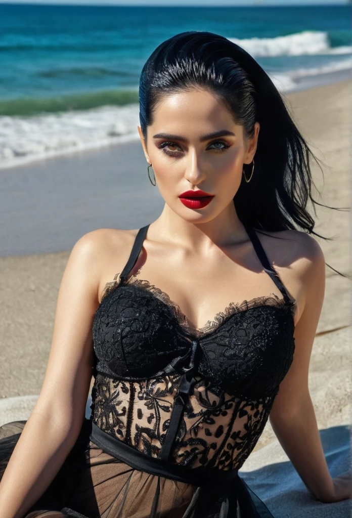 UHD, (1 girl), long dark black bun hair, big slim waist, ava max, bella poarch, olga buzova, violet myers, salma hayek, eva green, angel wicky, 24 year old female model, ayahausca, instagram model, lianna, sexy girl, the extremely hot and sexy, (8k, RAW photo, highest quality),(epic realistic:1.5), dynamic posture,erotic face (detailed eyes:0.8), (highest quality), (best shadow),intricate details,cinematic,((skin:1.4)) (hdr:1.5), detailed, masterpiece, RAW photo full-length portrait, captivating eyes, bright details, (high skin detail), (tint: 0.25), (dirty: 0.66), Key lighting, (backlight: 0.4), medium depth of field, Canon 5D, 50mm lens, f/4 aperture, (ultra-detailed, complex detail), sharp focus, 4k, absurd, 8mm film grain, flirting with camera, wearing a sexy dress, lying down on the beach on a sunny day with a crystal clear blue sea showing in the background