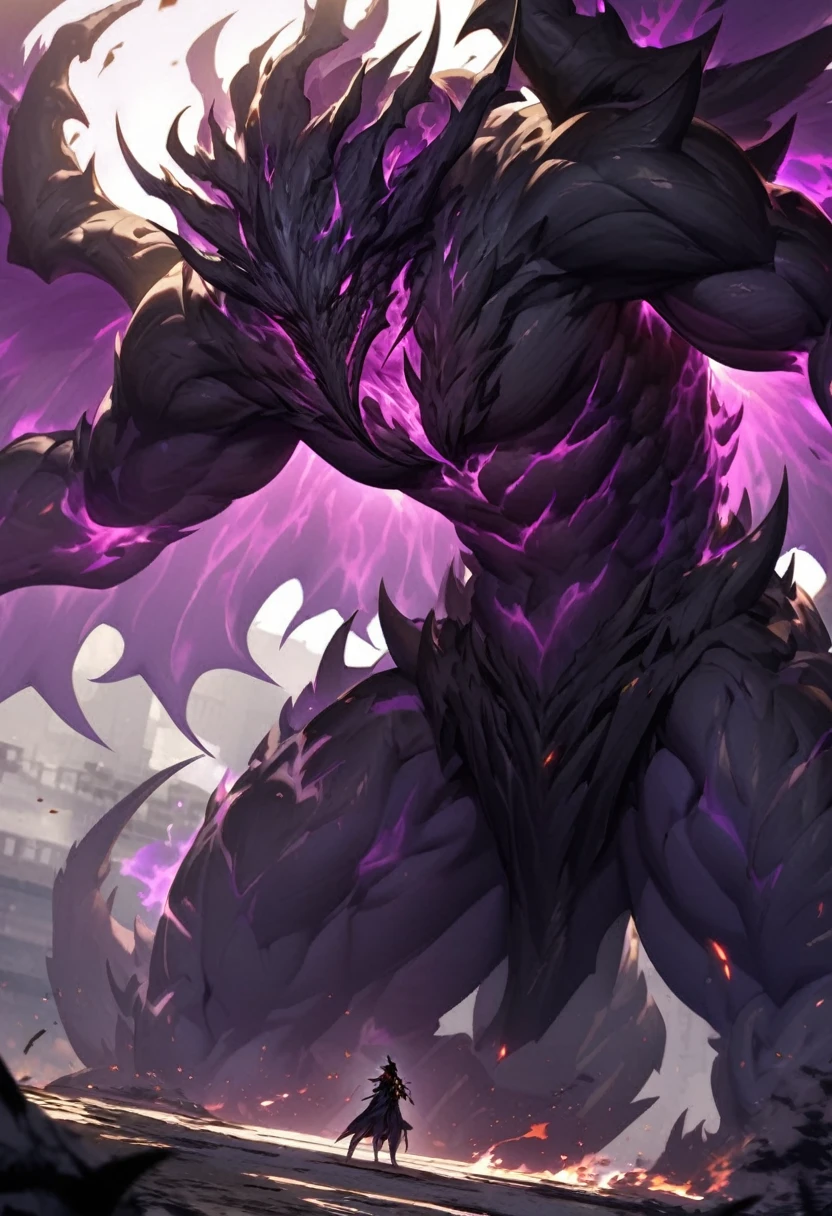 a big monster, an imposing creature, formed by dense shadows and dark flames that danced on its body, with a purple aura around his body