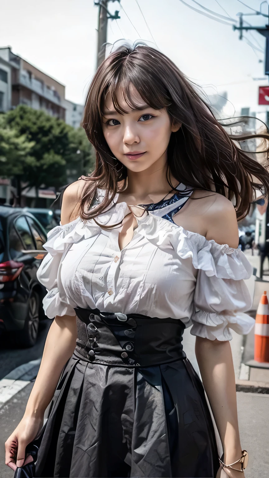 Tokyo Street、Woman walking on the street、Boyish Woman、the wind is strong、(Realistic、Like a photograph、Live Action、8k, Realistic, RAW Photos, Best image quality: 1.4), Single-lens reflex camera、RAW Photos, Highest quality, Realistic, Highly detailed CG Unity 8k wallpaper, Written boundary depth, Cinematic Light, Lens flare, Ray Tracing, Realistic background、(Ruffled blouse:1.4、Black Skirt:1.4、Big Breasts)、(Carrying the guitar、The guitar strap passes between her breasts、paisla)、((Silver Inner Color Hair:1.1))、Cute Japanese Band Girls、((whole body:1.5))、(Long Straight Hair:1.2、My hair flutters in the wind:1.5)、I like that style、stylish、Very detailed、Pay attention to the details、Perfect outfit、(White skin)、Beautiful feet:1.1、View from the front、Accurate Arm、Meet on a street corner、Super detailed face