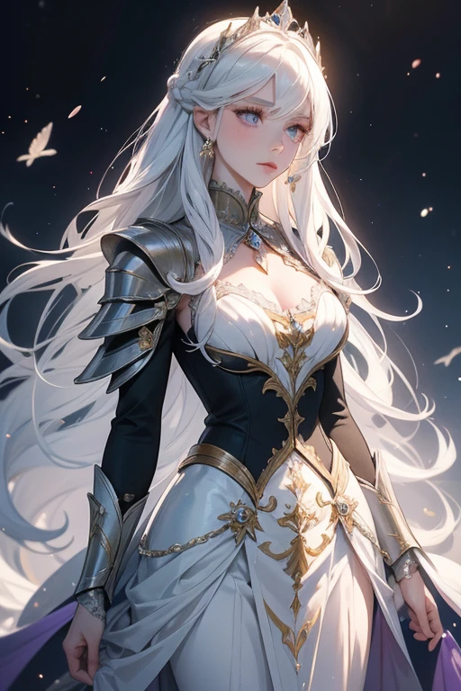 Lady Seraphina Everglade is the esteemed daughter of the Marquise, known throughout the realm for her unparalleled elegance and beauty. Her long, silky snow-white hair cascades like a waterfall, framing her delicate face, where her enchanting violet doe eyes sparkle with wisdom and grace. Standing at a  height, she might appear fragile, but this knight captain's aura of strength and dignity commands respect on and off the battlefield. Clad in gleaming armor that accentuates her noble heritage, she embodies the perfect blend of a knight's valor and a lady's refinement.