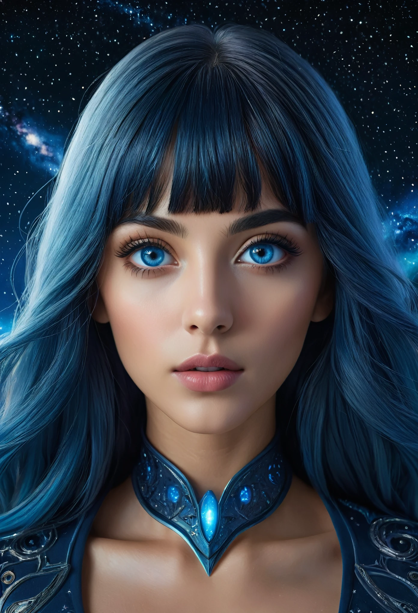 a beautiful detailed portrait of Anisemer, extremely detailed eyes and face, (symmetrical face:1.2), beautiful detailed lips, long blue hair with bangs, flying through the night sky against a backdrop of the Milky Way galaxy, ultra-detailed, 8k, high resolution, best quality, photorealistic, dramatic lighting, cinematic, conceptual, sci-fi, space, planetary, surreal, (symmetrical eyes:1.0),