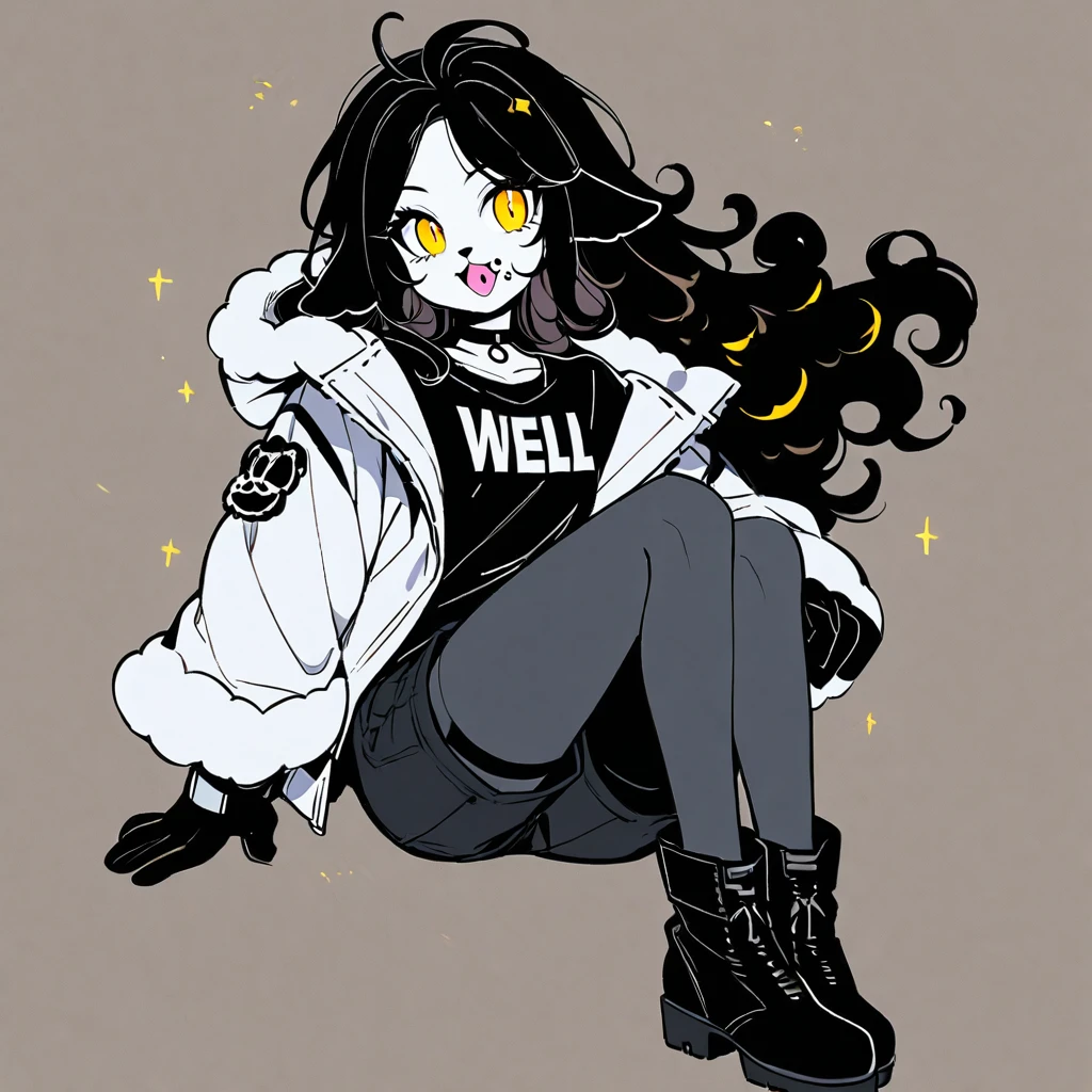  (well done: 1) woman, pale white skin, sheep ears and tail, curly hair down to black shoulders, yellow eyes, mouth piercing, black choker, white jacket with black details with furry hood, black shirt underneath, shorts black, black boots, pantyhose.