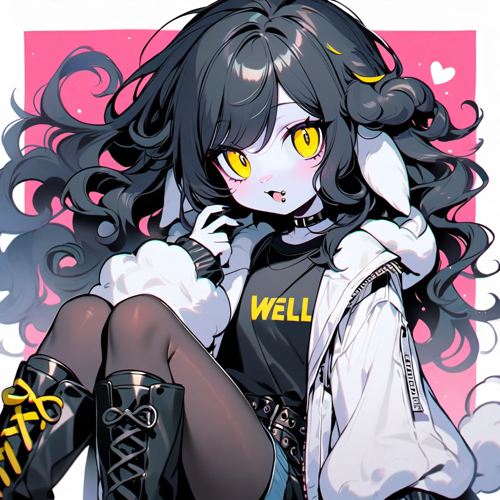  (well done: 1) woman, pale white skin, sheep ears and tail, curly hair down to black shoulders, yellow eyes, mouth piercing, black choker, white jacket with black details with furry hood, black shirt underneath, shorts black, black boots, pantyhose.