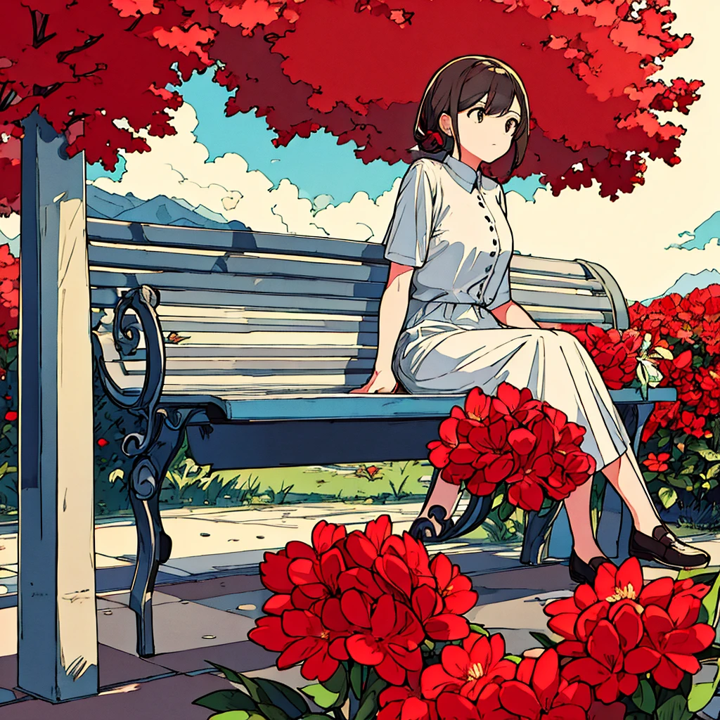 Light gray background Woman sitting on bench Red flowers Simple　