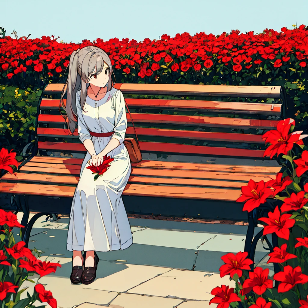 Light gray background Woman sitting on bench Red flowers Simple　