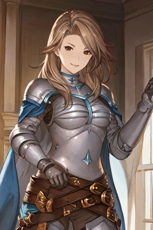 katalina (granblue fantasy), solo, 1girl, armor, gauntlets, belt, breastplate, gloves, shoulder armor, cape, pauldrons, pants, room, smile, standing, best quality, masterpiece, cloak