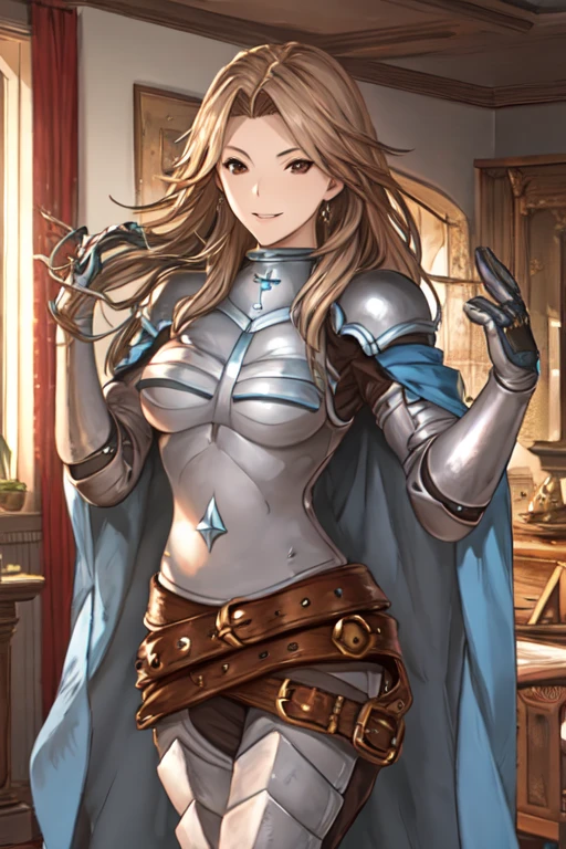 katalina (granblue fantasy), solo, 1girl, armor, gauntlets, belt, breastplate, gloves, shoulder armor, cape, pauldrons, pants, room, smile, standing, best quality, masterpiece, cloak