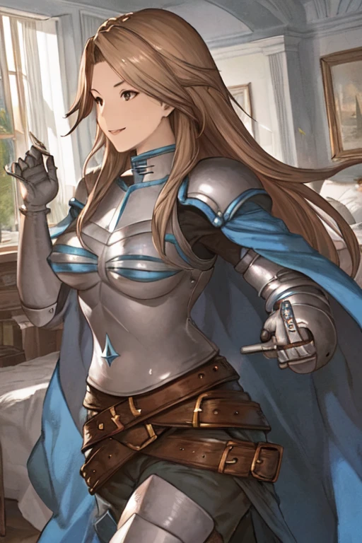 katalina (granblue fantasy), solo, 1girl, armor, gauntlets, belt, breastplate, gloves, shoulder armor, cape, pauldrons, pants, room, smile, standing, best quality, masterpiece, cloak