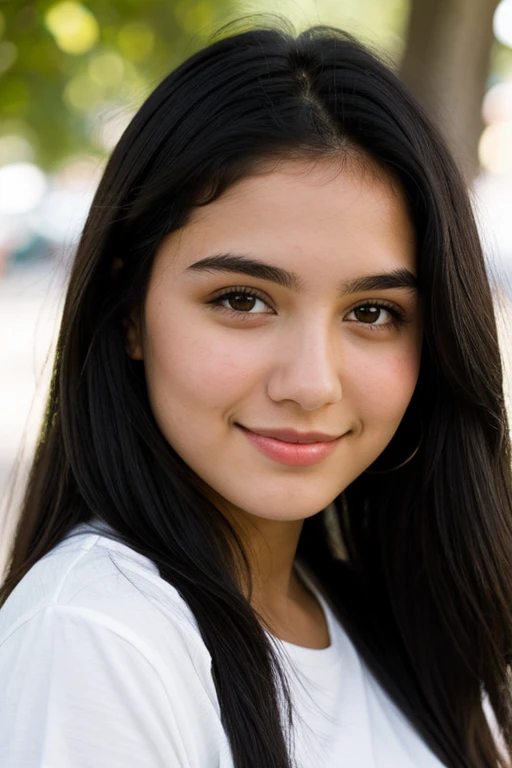 A black-haired girl, white, green eyes, Latina about 19 years old