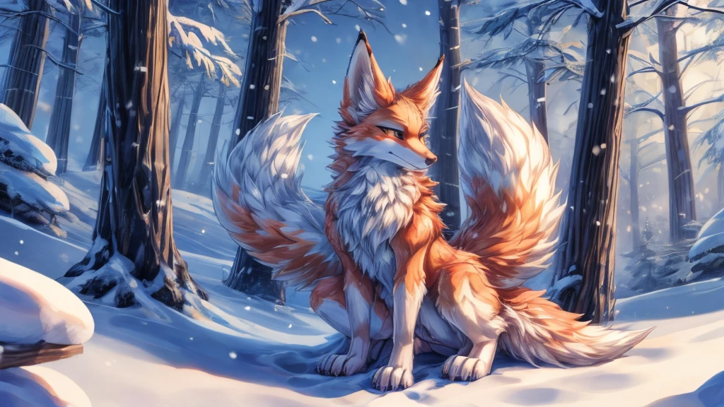 japanese kitsune, fur color here add-detail, cunning face add_detail, kitsune in the snow add_detail:1, full body add_detail:1, mistycal aura