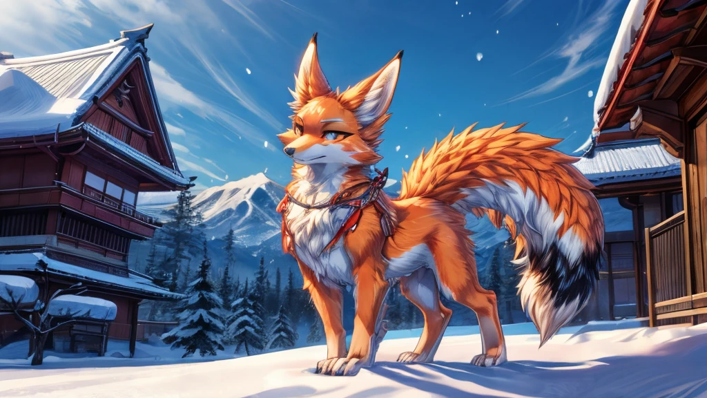 japanese kitsune, fur color here add-detail, cunning face add_detail, kitsune in the snow add_detail:1, full body add_detail:1, mistycal aura