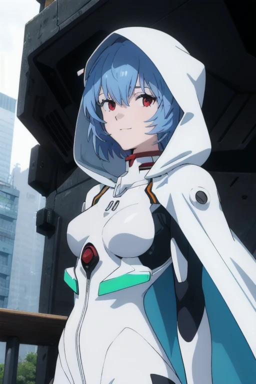 masterpiece, best quality, 1girl, ayanamirei, plugsuit, interface headset, looking at viewer, light smile, city park, upper body, arms_behind_back, hooded white cloak, white and black cape
