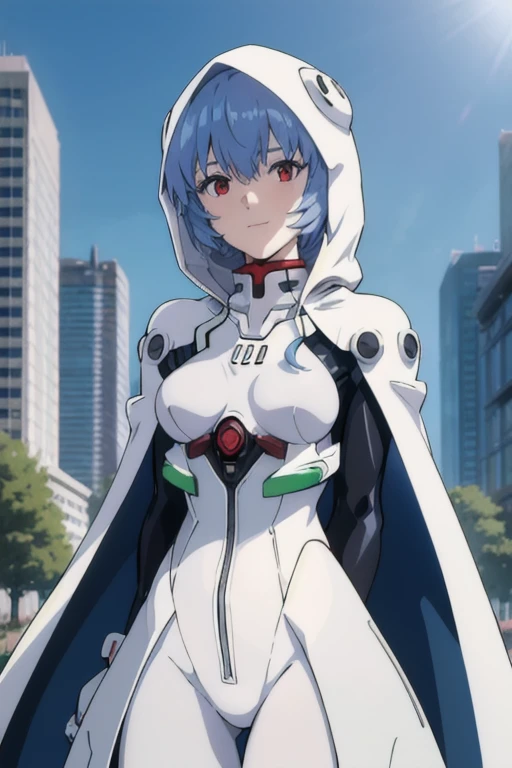 masterpiece, best quality, 1girl, ayanamirei, plugsuit, interface headset, looking at viewer, light smile, city park, upper body, arms_behind_back, hooded white cloak, white and black cape