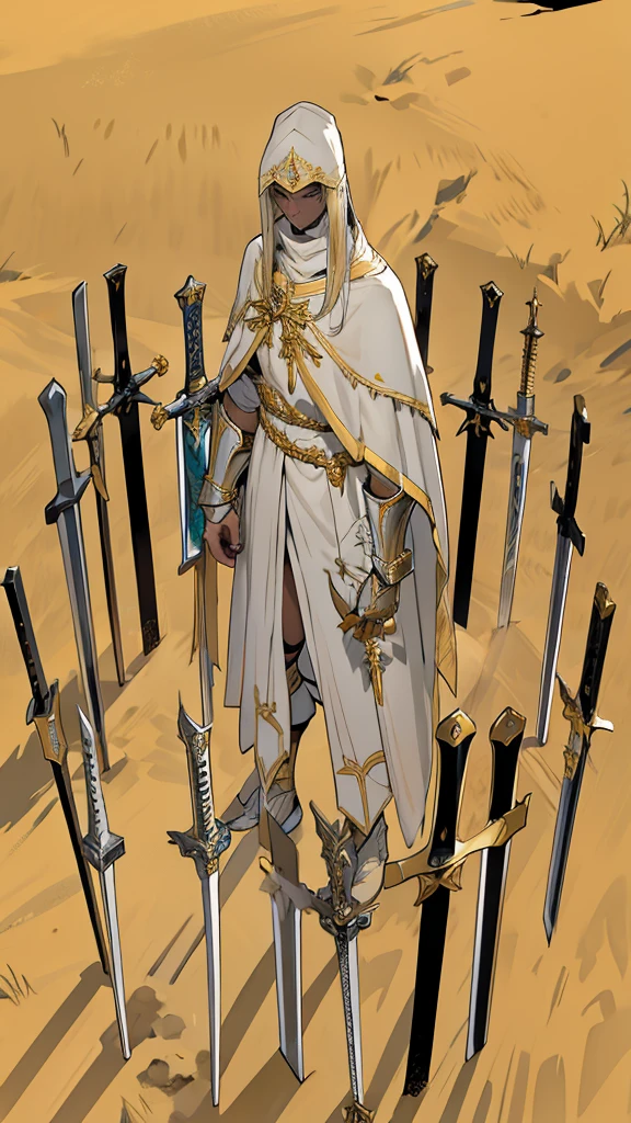 Templar warrior in armor, wearing armor and a white skirt, he also wears a cloak with gold borders, the leper king balduin iv, swords stuck in the ground