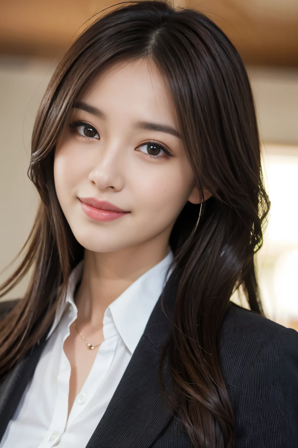 Tabletop、Highest quality、Genuine、Very detailed、finely、High resolution、8k wallpaper、One beautiful woman、、、light brown disheveled hair、Wear a business suit、Sharp focus、Perfect dynamic composition、Beautiful and detailed、Thin Hair、詳細なGenuineな肌の質感、smile、Close-up portrait、Model body type