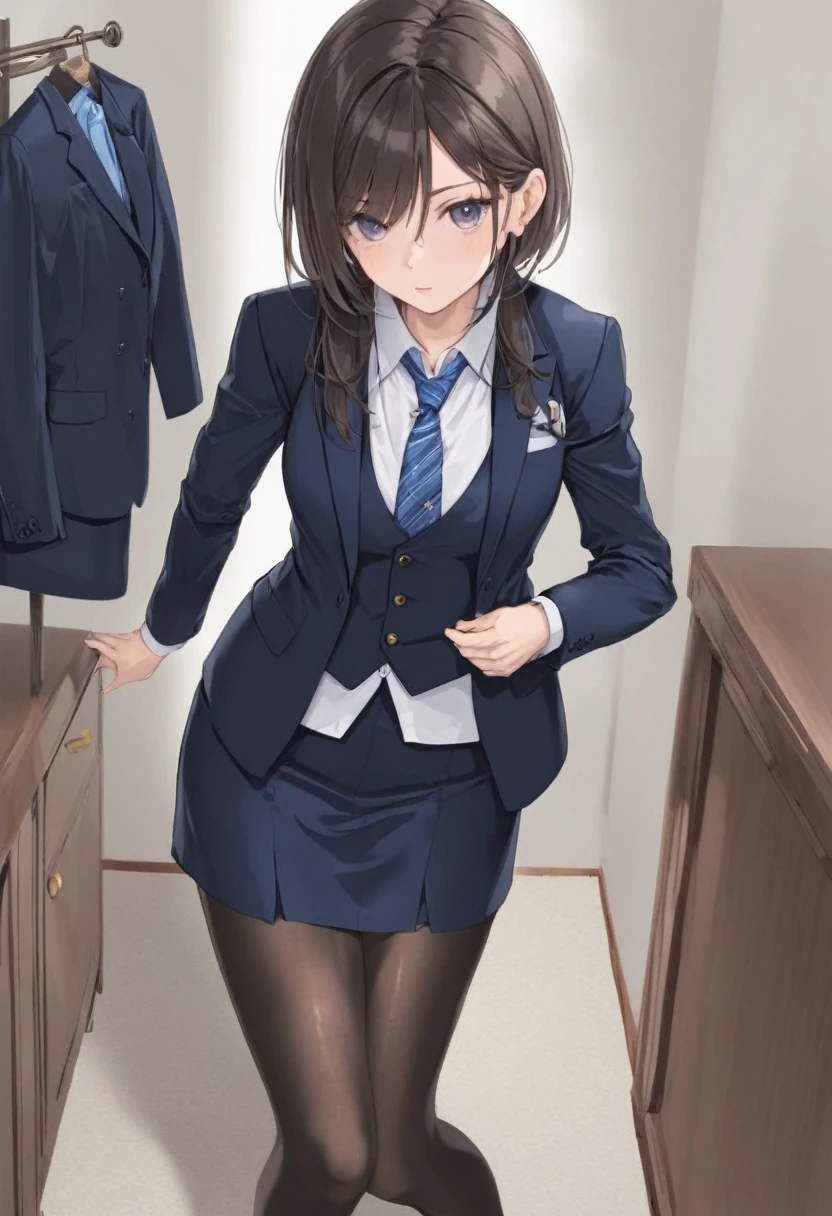 1 woman, beautiful woman, skirt suit, (((three-piece suit))), (((dress shirt))), (((necktie))), (((blazer))), (((suit jacket))), ((waistcoat)), double-breasted waistcoat, stockings, pocket square, cufflinks,