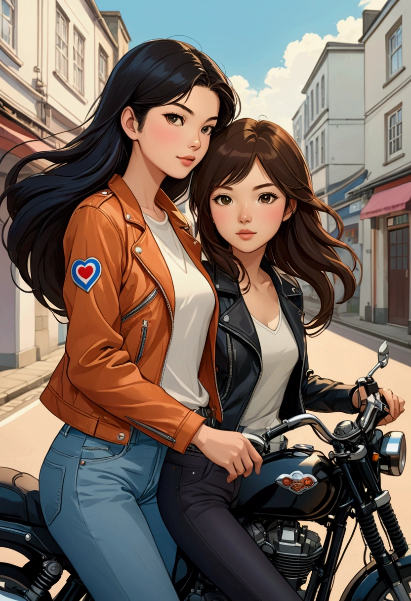 TWO beautiful Sarah Kay-style women, deeply in love. One with semi-short light brown hair, STRAIGHT, dressed casually, delicate British features, and the other with long black hair, STRAIGHT, with delicate Asian features, dressed casually, both riding a motorcycle. illustration, realistic, anime, fashion, portrait photography.