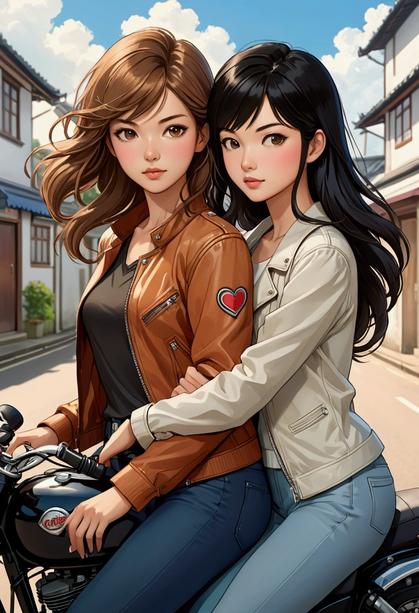 TWO beautiful Sarah Kay-style women, deeply in love. One with semi-short light brown hair, STRAIGHT, dressed casually, delicate British features, and the other with long black hair, STRAIGHT, with delicate Asian features, dressed casually, both riding a motorcycle. illustration, realistic, anime, fashion, portrait photography.