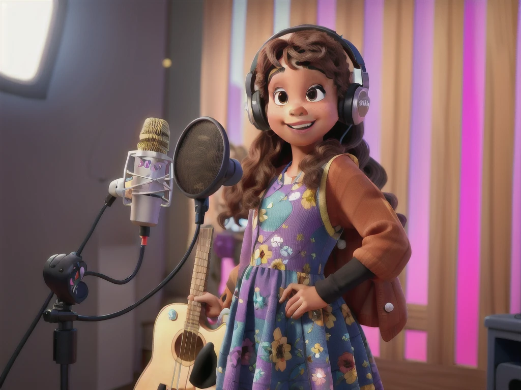 a 3d pixar disney style image with a brown girl in a colorful dress with headphones and a microphone, girl in the studio, Studio recording, singing into the microphone, studio photo