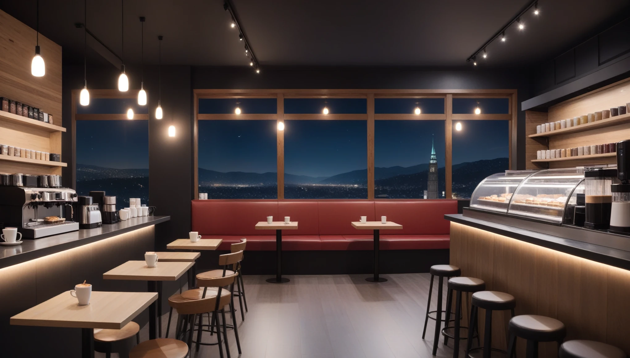 at night, frontal shot coffee shop interior, tables with coffee cups and a big window in the center