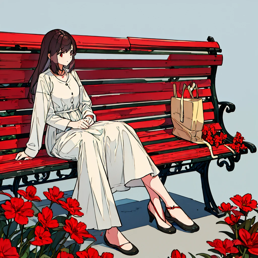 Light gray background Woman sitting on bench Red flowers Simple
