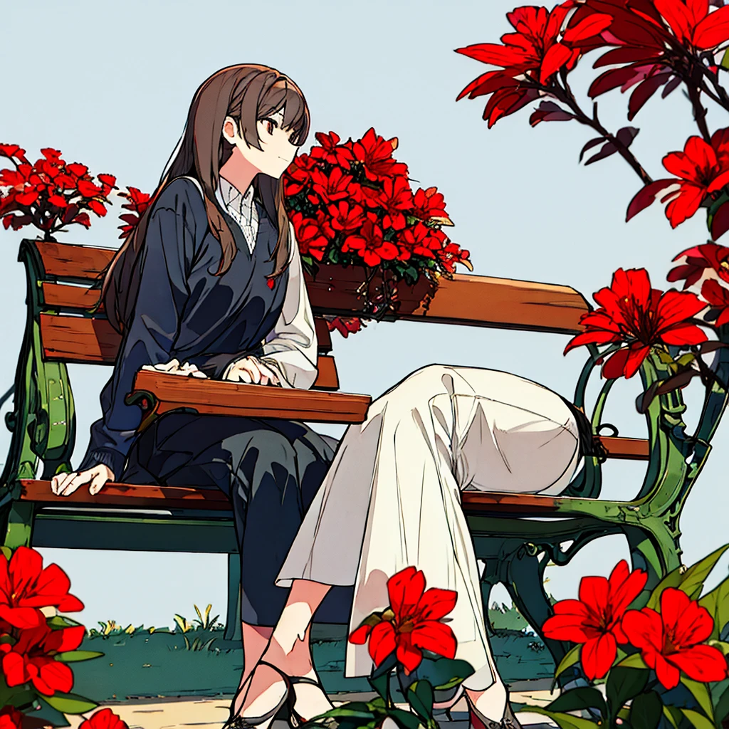Light gray background Woman sitting on bench Red flowers Simple