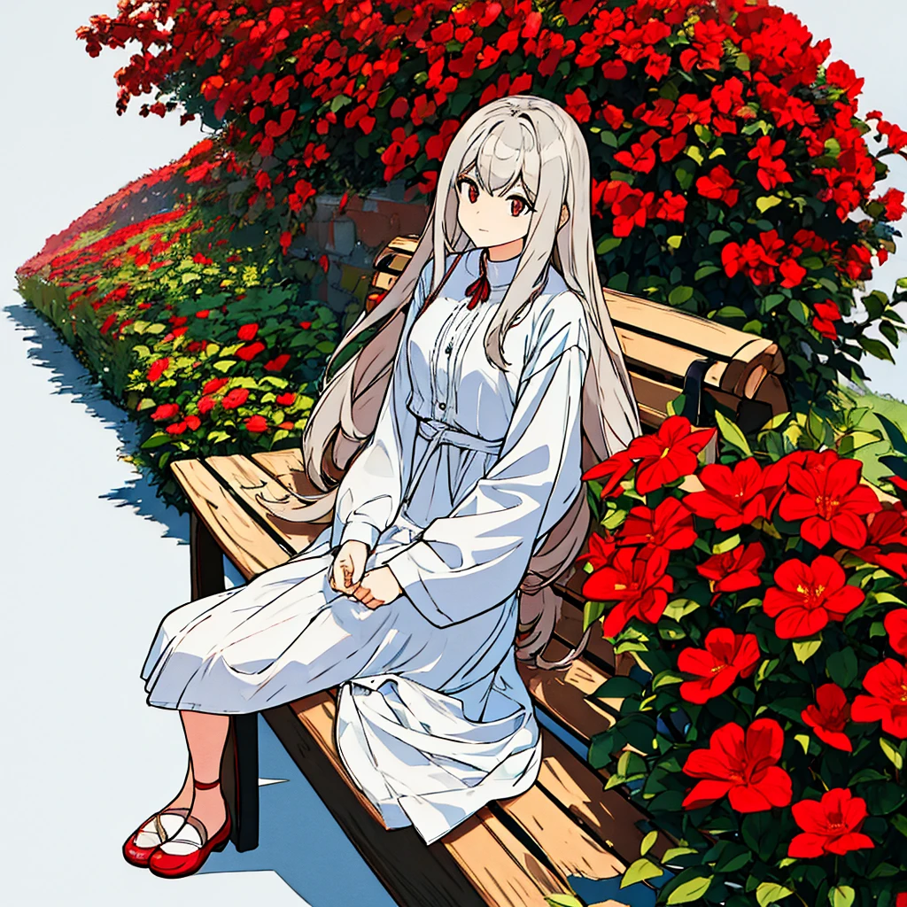 Light gray background Woman sitting on bench Red flowers Simple　