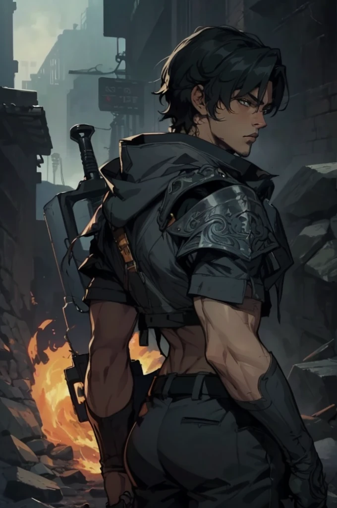 (absurdities, High Resolutions, ultra detailed, HDR), Masterpiece, The best quality, final fantasy xvi, clive rosfield, 1man only, handsome, short hair, black hair, vibrant blue eyes, fine eyes and detailed face, (((fire, llamas, To his back)) armor, ((Intricate weapon)). Final Fantasy, clive rosfield,, abs, badass pose, Anime boy with hands on head, Beautiful anime pose, Anime hombre handsome, anime male character, Badass Anime 8K, Detailed anime character art, HDR Anime MacManus Anime Concept, anime boy, Ikuto Yamashita, CG anime soft art, manga wallpaper 4k, inspired by Yamagata Hiro, anime wallaper