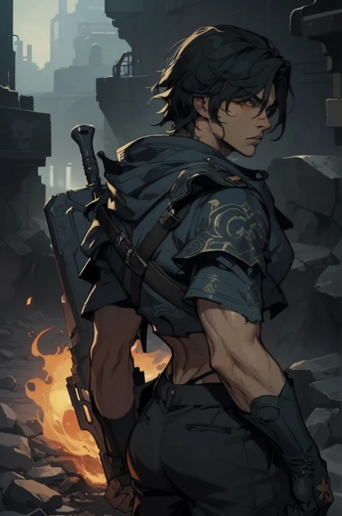 (absurdities, High Resolutions, ultra detailed, HDR), Masterpiece, The best quality, final fantasy xvi, clive rosfield, 1man only, handsome, short hair, black hair, vibrant blue eyes, fine eyes and detailed face, (((fire, llamas, To his back)) armor, ((Intricate weapon)). Final Fantasy, clive rosfield,, abs, badass pose, Anime boy with hands on head, Beautiful anime pose, Anime hombre handsome, anime male character, Badass Anime 8K, Detailed anime character art, HDR Anime MacManus Anime Concept, anime boy, Ikuto Yamashita, CG anime soft art, manga wallpaper 4k, inspired by Yamagata Hiro, anime wallaper