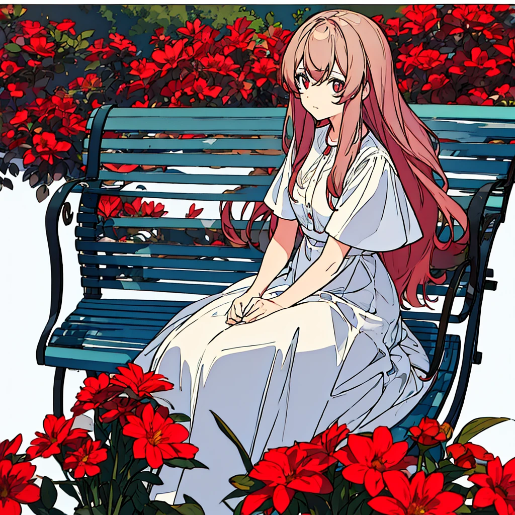 Light gray background Woman sitting on bench Red flowers Simple