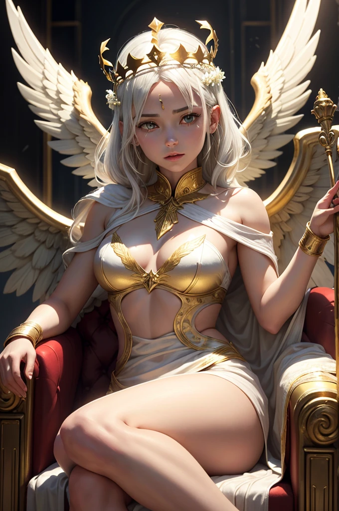 Archangel with six wings and a female figure that has short white hair above her ears, she has a pair of small wings that come out of the sides of her head and cover her golden eyes acting as a blindfold, behind her head she has a golden halo as a crown and she wears white clothes with golden decorations in the shape of laurels, she is sitting on a red throne.