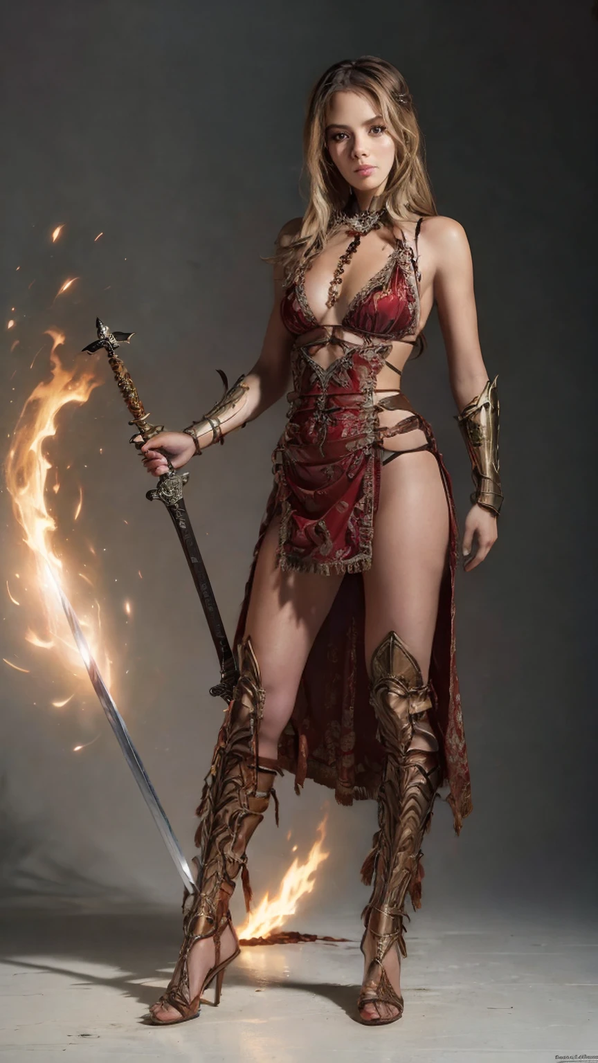 ((Full body photo, standing, feet on the floor)) a woman dressed as a warrior holding a sword, sexy painting of gal gadot, tyler edlin fantasy art, fantasy woman, gal gadot as hell lord, zenescope, a very beautiful berserker woman, magali villeneuve', as seen on artgerm, very beautiful female barbarian, artgerm julie bell beeple, 4k fantasy art