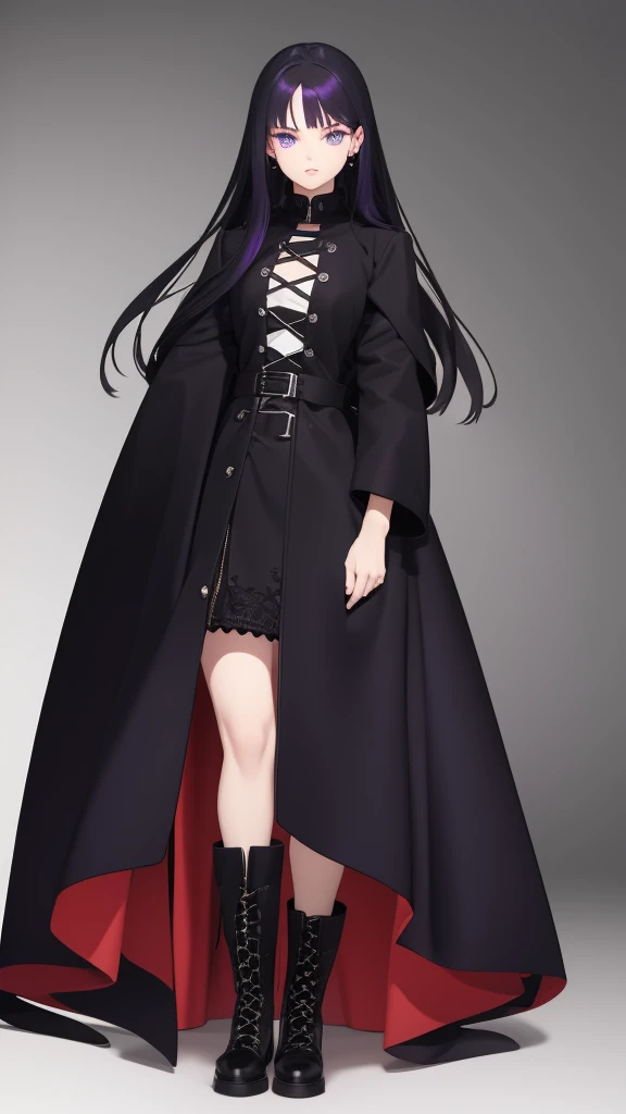 Full length anime girl on a white background. 21 year old girl with black hair, acid red hair ends. Different eyes: one blue, Other purple. Nose pierced, left ring. Dressed in a long black coat and lace-up boots. The expression on his face is haughty.
