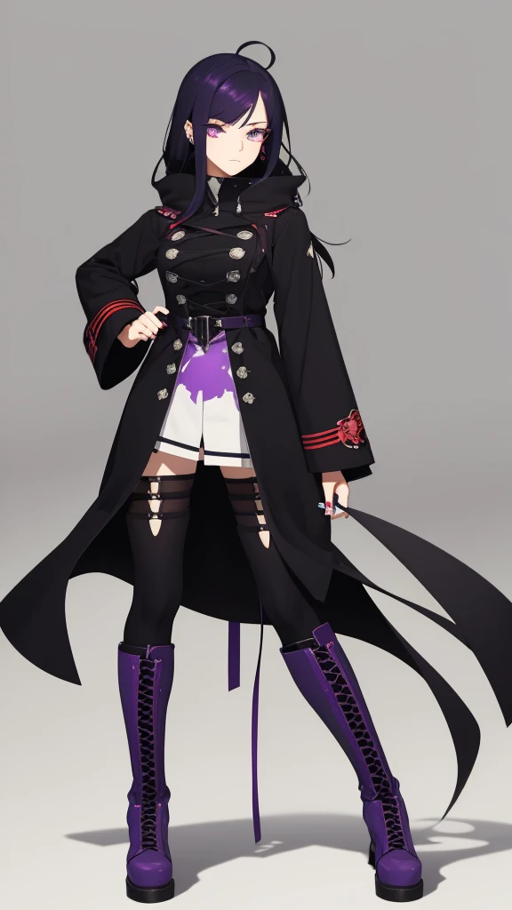 Full length anime girl on a white background. 21 year old girl with black hair, acid red hair ends. Different eyes: one blue, Other purple. Nose pierced, left ring. Dressed in a long black coat and lace-up boots. The expression on his face is haughty.