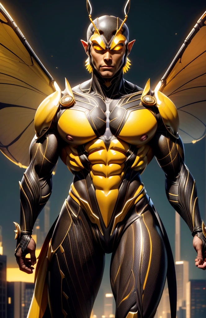 ((absurdres)) perfect whole body, ultra photorealistic, top quality, Photorealistic, ((16k UHD)) High Definition, high-res, ultra sharp, masterpiece, the best quality, intricate details, detailed eyes, perfect face detailed face, (((in a capital city town))) orange goggles, masterpiece, highly detailed exquisite character art, perfectly detailed anatomy, detailed body, detailed pecs, hyper pecs, thick thighs, (((sunny weather))) (((natural lights))), ultra-realistic, (((1male))) ((tall muscular man male humanoid)), bald, humanoid yellow skin, bee anatomy, deity, god of honey bees, humanoid black & yellow skin tone, yellow hue, powerful humanoid appearance, compound eyes, stinger, abdomen, metallic scales, scales. Metallic armour, wings, elf ears, glossy skin, large smirking face, flying in the sky, mandibles, Antenna, honey, ((male muscular stripe black & yellow humanoid insect honey bee)) (((yellow skin))), (((black skin))) 