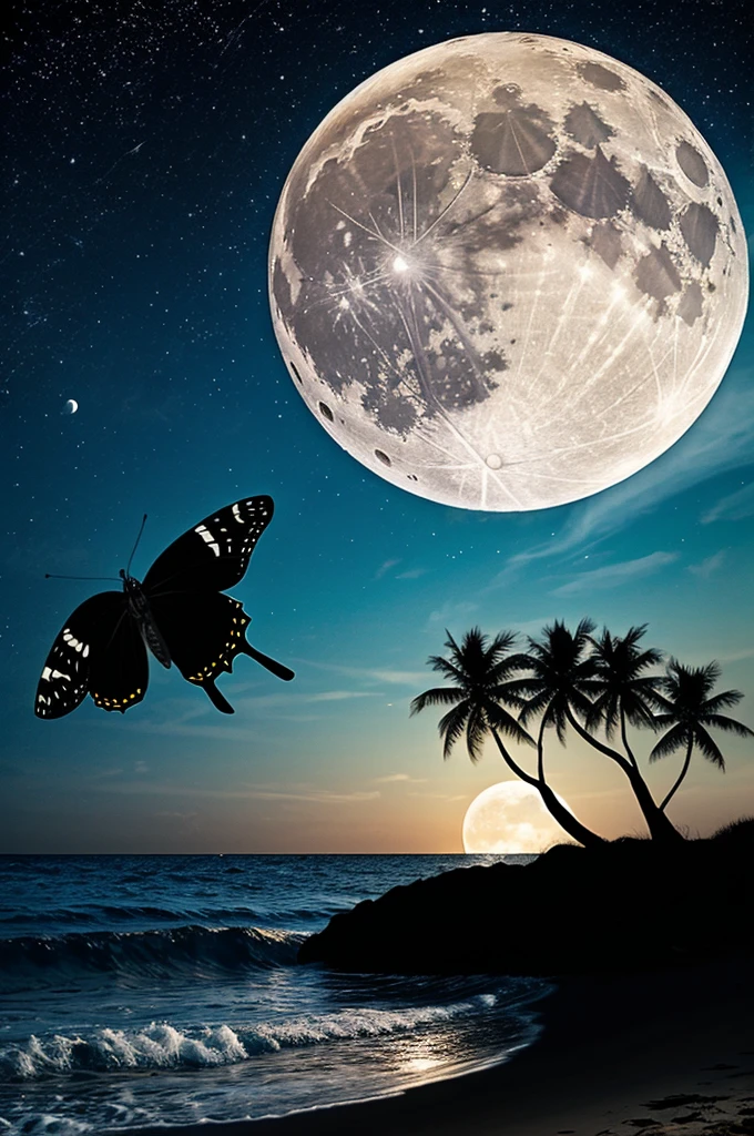 Create an image of a black butterfly resting on a palm tree at the seashore at night with a large moon reflected in the waves 