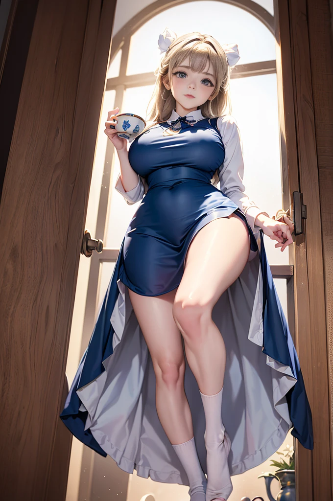 (masuter piece, high-quality, Mystical, Beautifully Aesthetic, ideal ratio of body proportions, offcial image art, Impresionism), (ultra high resolution, 8K RAW photo, photo realistics, natural lighting, textile shading), (1 matured woman:1.3, solo:1.5, milf:1.1), (Fractal pattern Art:1.2), shinny skin, tile patterns, ((alice in the wonderland:1.2, a girl floating in air:1.35, smiling with half-closing eyes)), ((flying PlayingCards, Trump, floating tea cup, floating tea pot, pocket watch:1.3, big mirror, lip sticks, candys, jam bottles)), cute animetic white rabbit, ((dark-Blue dress :1.5, a miniskirt, White Apron, white sock)), (platinum-blonde, tied hair with a ribbon), (Blue eyes, bright pupils with highlights, detailed eyes), (lying on your back:1.2, leaning backward:1.2, with rising up legs:1.3), ((dutch angle:1.5, full body:1.3, from below:1.2)), Exotic wallpapers, colorful image, simply background, fantastic, fantasy:1.5, ((correct anatomy:1.5, correct hand)),
