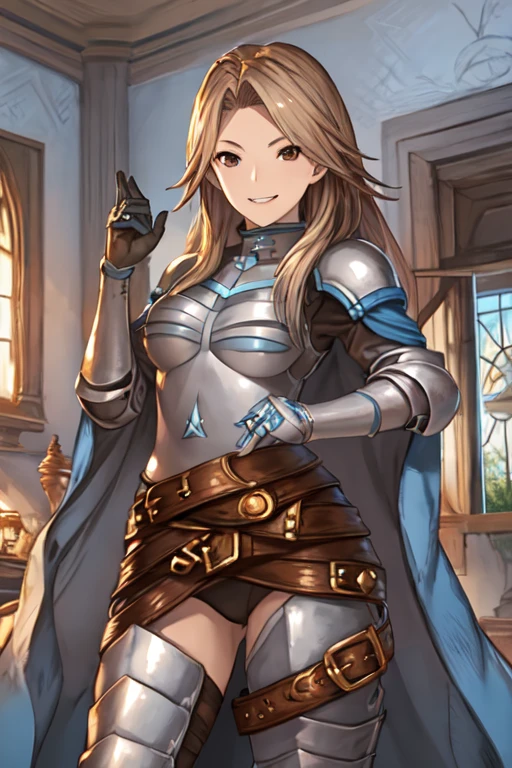 katalina (granblue fantasy), solo, 1girl, armor, gauntlets, belt, breastplate, gloves, shoulder armor, cape, pauldrons, pants, room, smile, standing, best quality, masterpiece, cloak