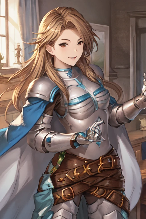 katalina (granblue fantasy), solo, 1girl, armor, gauntlets, belt, breastplate, gloves, shoulder armor, cape, pauldrons, pants, room, smile, standing, best quality, masterpiece, cloak