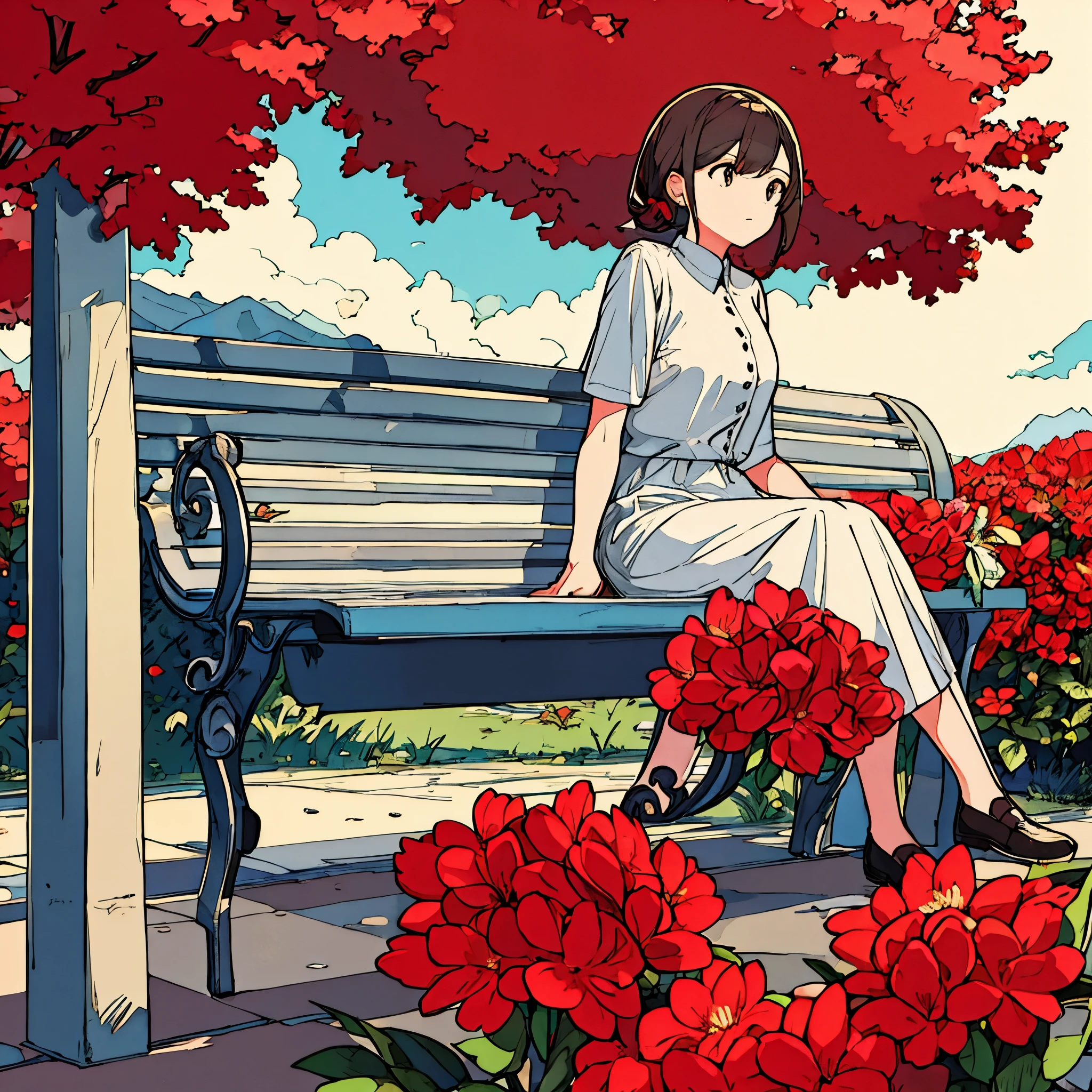 Light gray background Woman sitting on bench Red flowers Simple