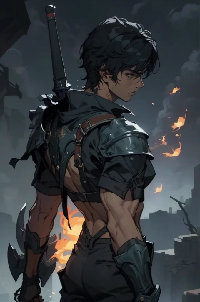 (absurdities, High Resolutions, ultra detailed, HDR), Masterpiece, The best quality, final fantasy xvi, clive rosfield, 1man only, handsome, short hair, black hair, vibrant blue eyes, fine eyes and detailed face, (((fire, llamas, To his back)) armor, ((Intricate weapon)). Final Fantasy, clive rosfield,, abs, badass pose, Anime boy with hands on head, Beautiful anime pose, Anime hombre handsome, anime male character, Badass Anime 8K, Detailed anime character art, HDR Anime MacManus Anime Concept, anime boy, Ikuto Yamashita, CG anime soft art, manga wallpaper 4k, inspired by Yamagata Hiro, anime wallaper