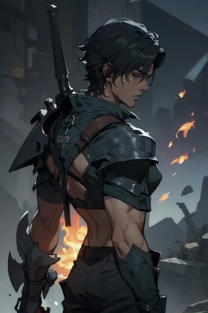 (absurdities, High Resolutions, ultra detailed, HDR), Masterpiece, The best quality, final fantasy xvi, clive rosfield, 1man only, handsome, short hair, black hair, vibrant blue eyes, fine eyes and detailed face, (((fire, llamas, To his back)) armor, ((Intricate weapon)). Final Fantasy, clive rosfield,, abs, badass pose, Anime boy with hands on head, Beautiful anime pose, Anime hombre handsome, anime male character, Badass Anime 8K, Detailed anime character art, HDR Anime MacManus Anime Concept, anime boy, Ikuto Yamashita, CG anime soft art, manga wallpaper 4k, inspired by Yamagata Hiro, anime wallaper