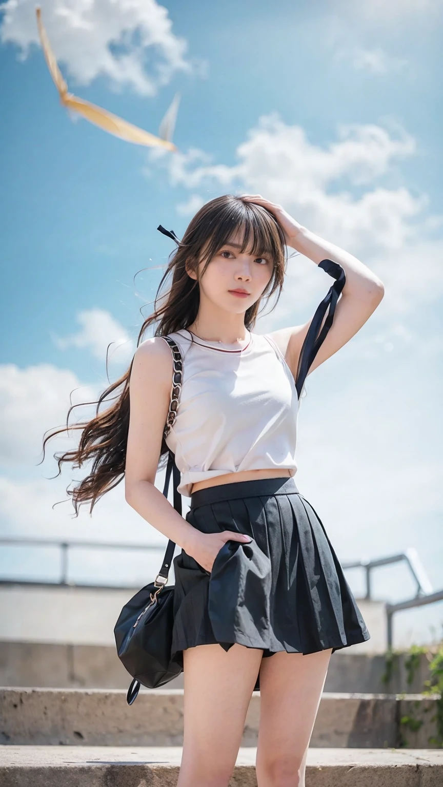 Bottom-to-top drawing:1.53,One Girl、Beautiful and detailed eyes and face、barefoot、Cute 16 year old Japanese girl, ((Extremely precise and accurate anatomy:1.0)), (photo Realistic:1.4), (hyper Realistic:1.4), (最高品質のRealisticな肌の質感:1.4), (Improvement of quality:1.4), (Enhances the beauty of skin texture:1.1), Clean and glowing skin, mesh, thin:1.2, (Realistic:1.3), Realisticなライティング, (Smoother lighting:1.05), (Improving the quality of cinema lighting:0.9), Backlight, A gentle light on your face, Ray Tracing, (Bright light:1.2), 32K, One Japanese woman, fine grain, Detailed face, (Film Grain:1.1),(Accentuates body lines:1.1), High resolution, Natural look, Kind eyes, Improves hair quality, Delicate light and shadow, Transparent muscles, Graceful pose, Beautiful Eyes, Sharp details, Soft light reflection, Beautiful contours, Delicate skin tone, Fine hair texture, Natural background, (((sunny day、School zone、A strong wind is blowing、Her hair and skirt are flying、 Open shirt、Pleated skirt、stroll:1.25、Light of the sun、Clear skies、stage、Blue sky and white clouds、The joys of youth)))、