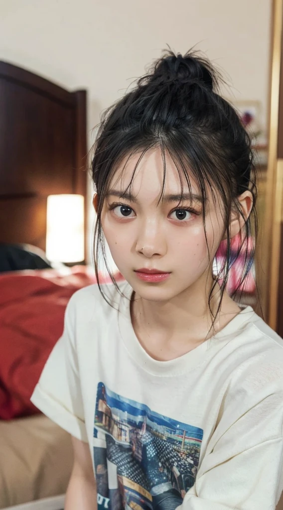 32K, Highest quality, masterpiece, Realistic, Very detailed,  photograph, High resolution, 行photograph, High resolution, Confused, Smoother light, Official Art, Written boundary depth, Bright light,
close, thin, Detailed face, anger, Beautiful details in the eyes, 19 years old Korean, cute, Highest quality real texture skin,
T-Shirts,