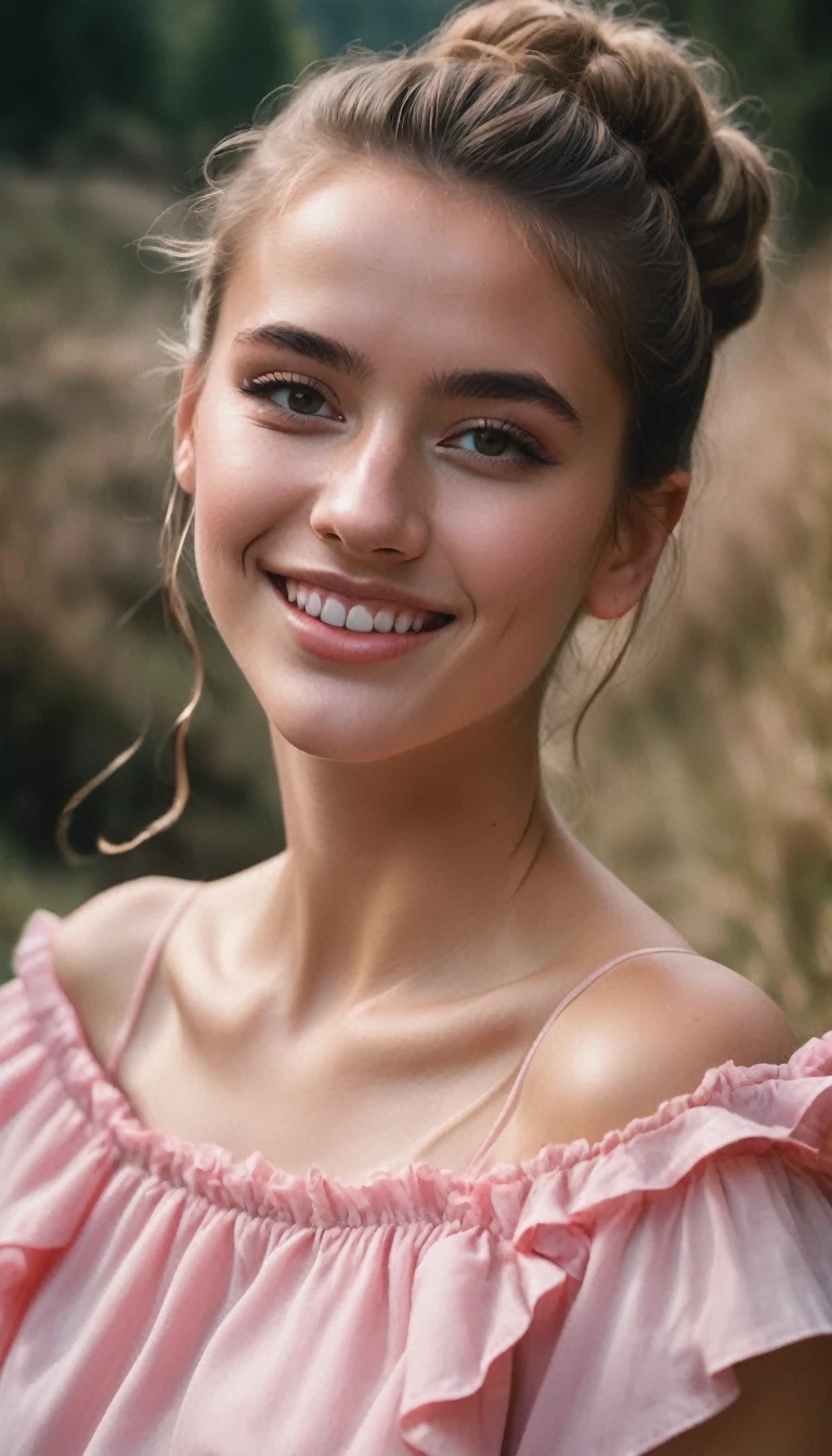 a beautiful young Belgian woman, 20 years old, highly detailed face, brown hair bun, ideal face, ideal legs, sensual look, realistic detailed skin, wearing pink ruffle mini dress, hidden valley of unicorns, RAW candid cinema, 16mm, color graded portra 400 film, remarkable color, ultra realistic, highest quality, masterpiece photography,