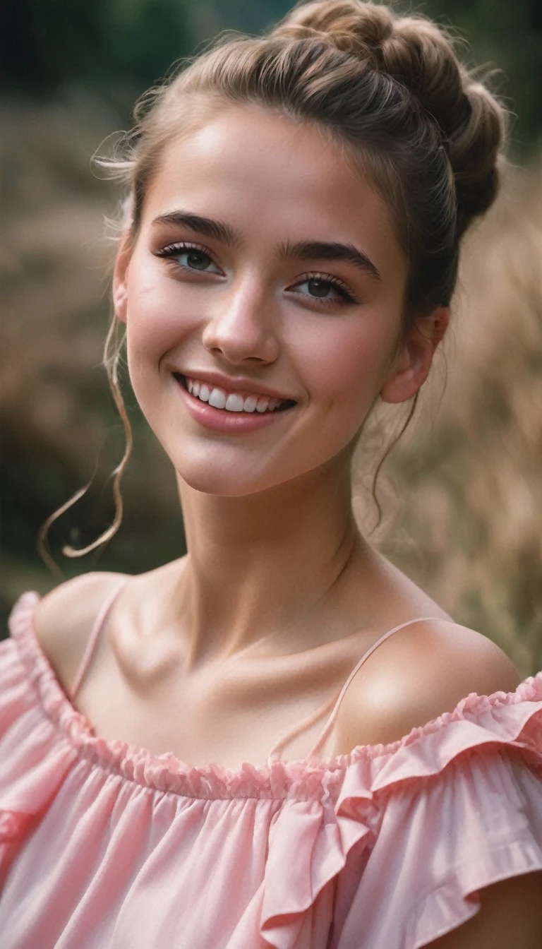 a beautiful young Belgian woman, 20 years old, highly detailed face, brown hair bun, ideal face, ideal legs, sensual look, realistic detailed skin, wearing pink ruffle mini dress, hidden valley of unicorns, RAW candid cinema, 16mm, color graded portra 400 film, remarkable color, ultra realistic, highest quality, masterpiece photography,