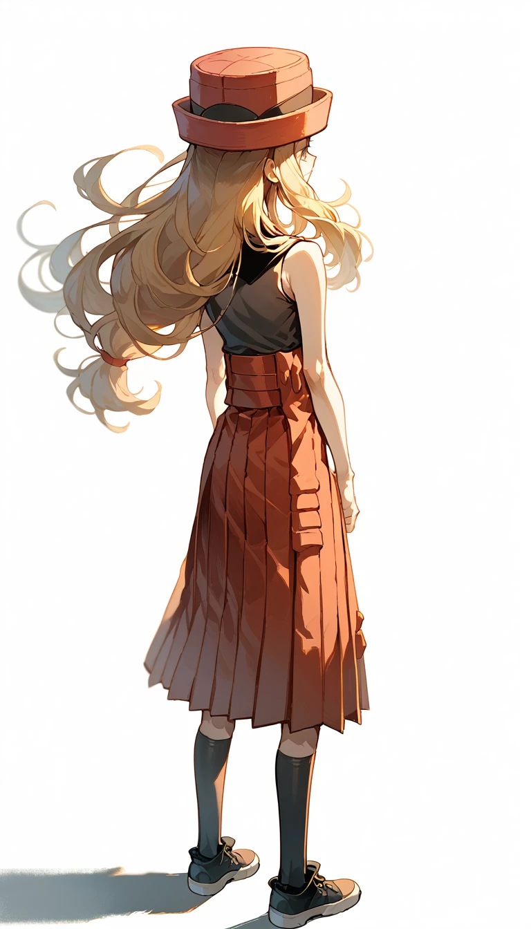 serena, skirt, long hair, sleeveless, hat, shirt, sleeveless shirt, red skirt, eyewear on headwear, thighhighs, pleated skirt, blonde hair, collared shirt, black thighhighs, black footwear, woman facing away, white background