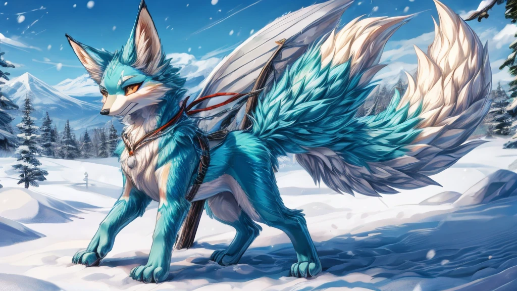 japanese kitsune, aqua fur add-detail, cunning face add_detail, kitsune in the snow add_detail:1, full body add_detail:1, mistycal aura